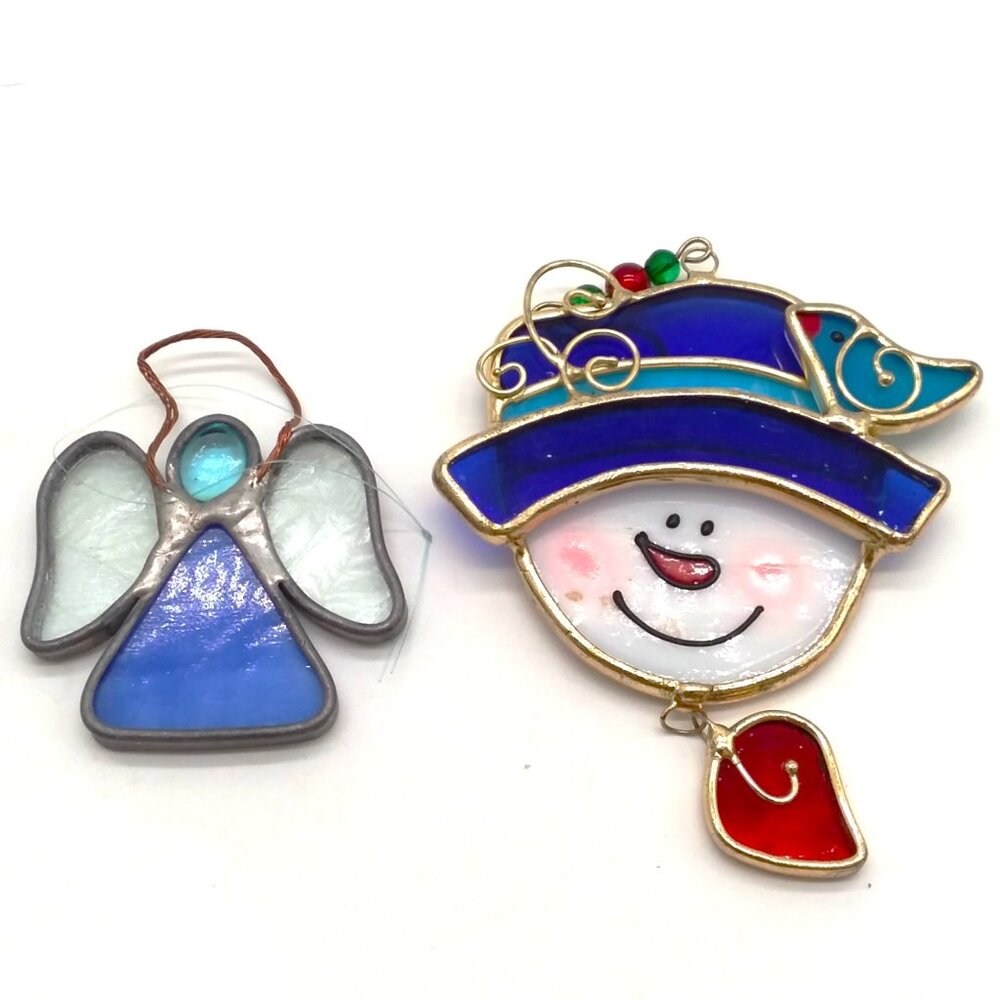 Snowman & Angel Suncatcher Stained Glass Handmade Ornament Winter Blue Bird VTG